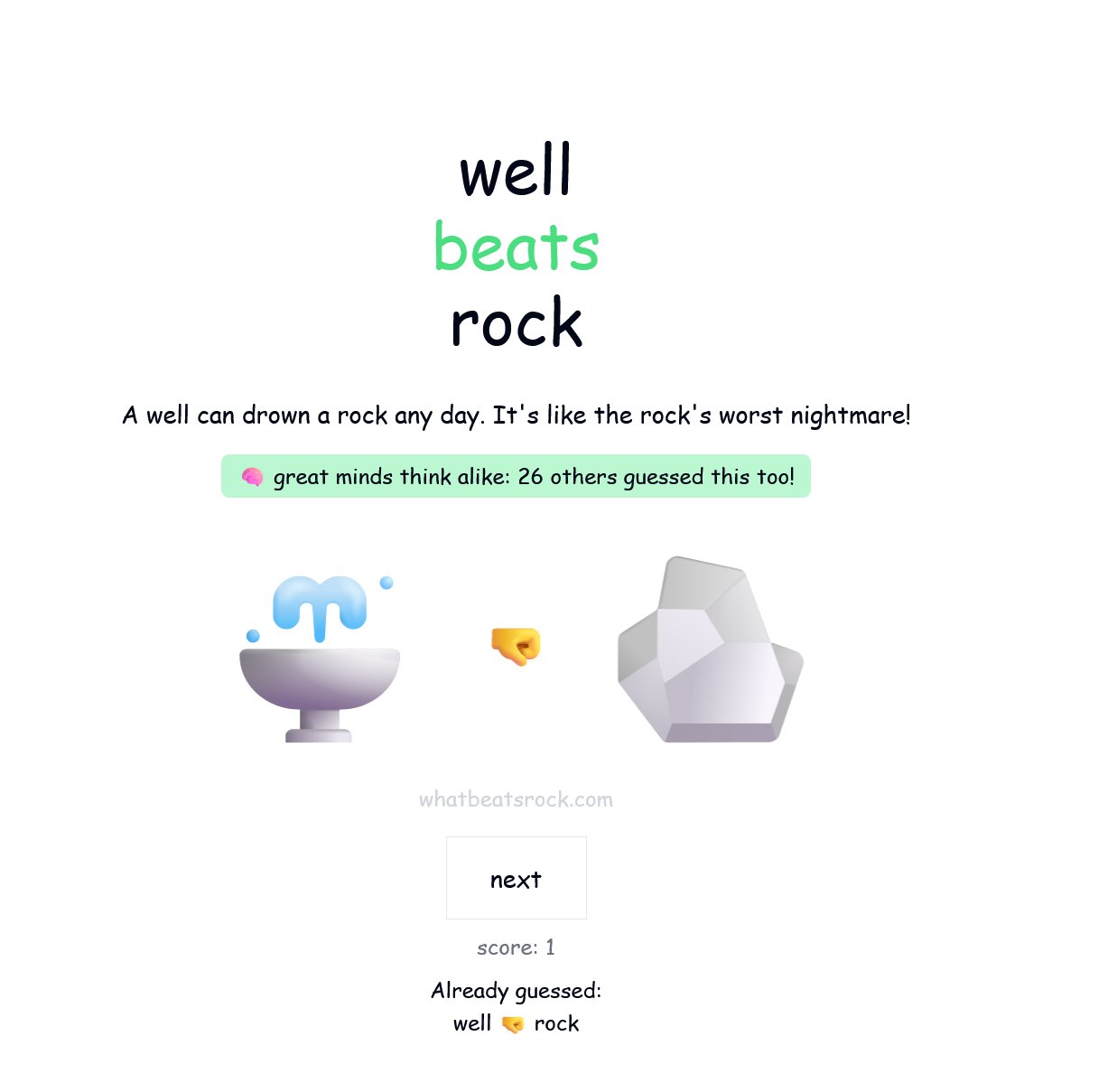 well beats rock

A well can drown a rock any day. It's like the rock's worst nightmare!

🧠 great minds think alike: 26 others guessed this too!